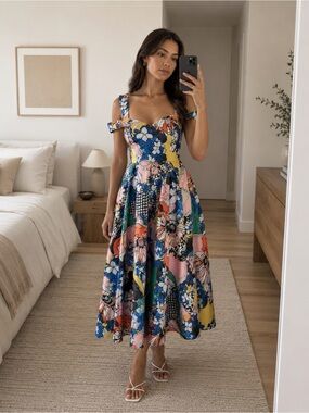 Roman Floral Fit & Flare Midi Dress Colorful Printed Occasion Dress Size US 4